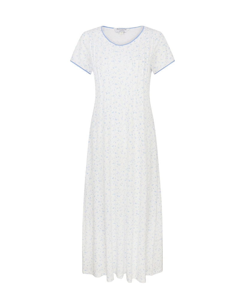 Women's Long Length Short Sleeve Jersey Nightdress - Blue Daisy Flower Print | Bonsoir of London