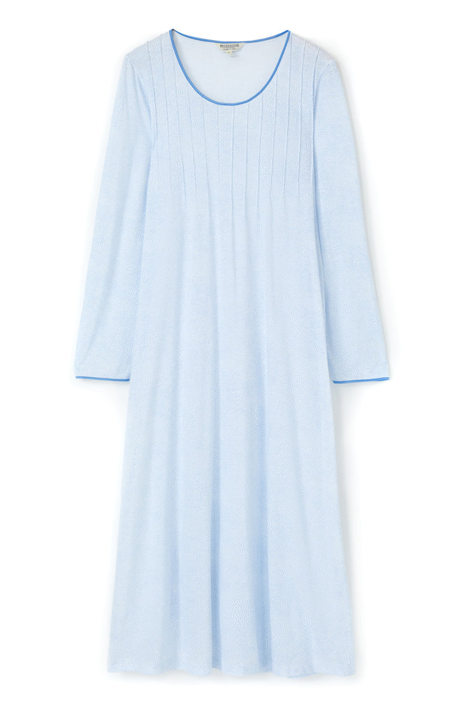 French Pleat Blue Swirl Long Sleeve Nightdress | Bonsoir of London