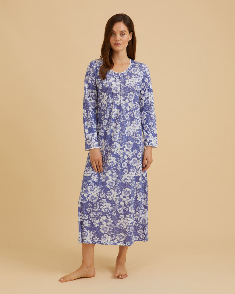 Women's Long Sleeve Jersey Nightdress - Blue Indigo Floral | Bonsoir of London