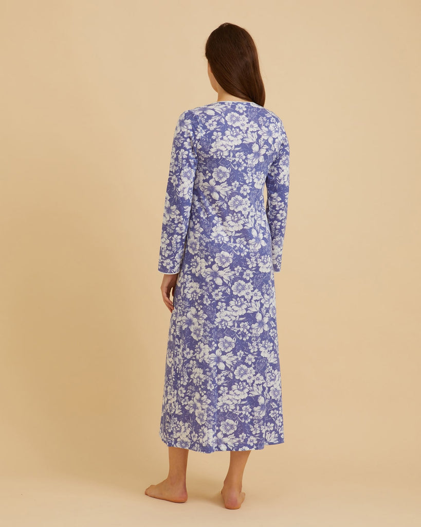 Women's Long Sleeve Jersey Nightdress - Blue Indigo Floral | Bonsoir of London