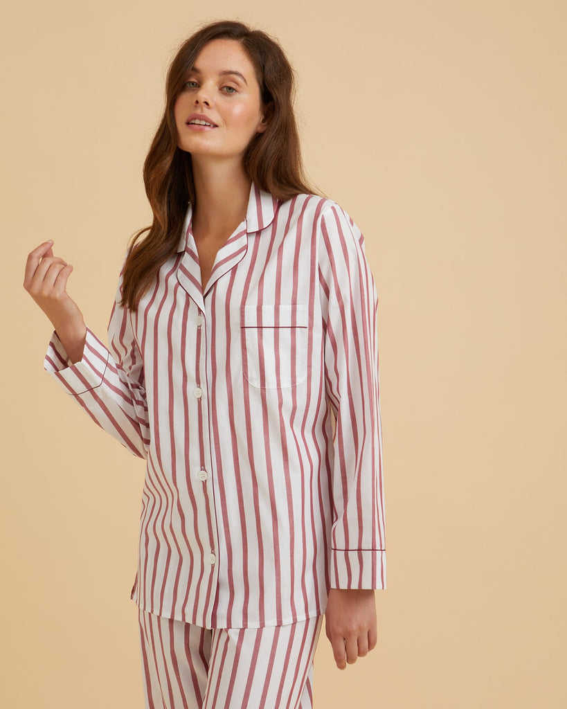 Women's Classic Cotton Pyjamas - Burgundy White Stripe | Bonsoir of London