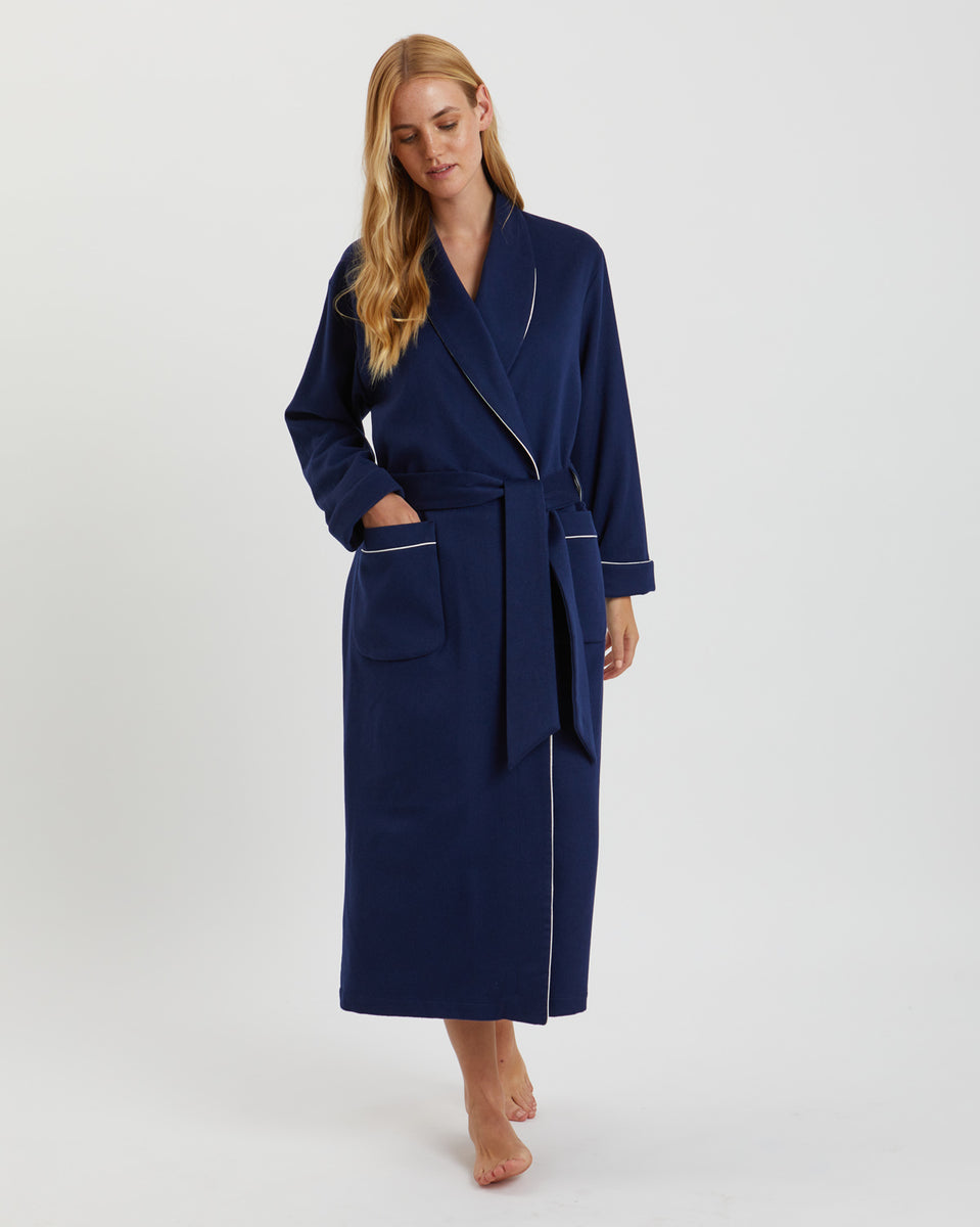 Women's Luxury Navy Silk-Lined Cashmere Robe | Bonsoir of London