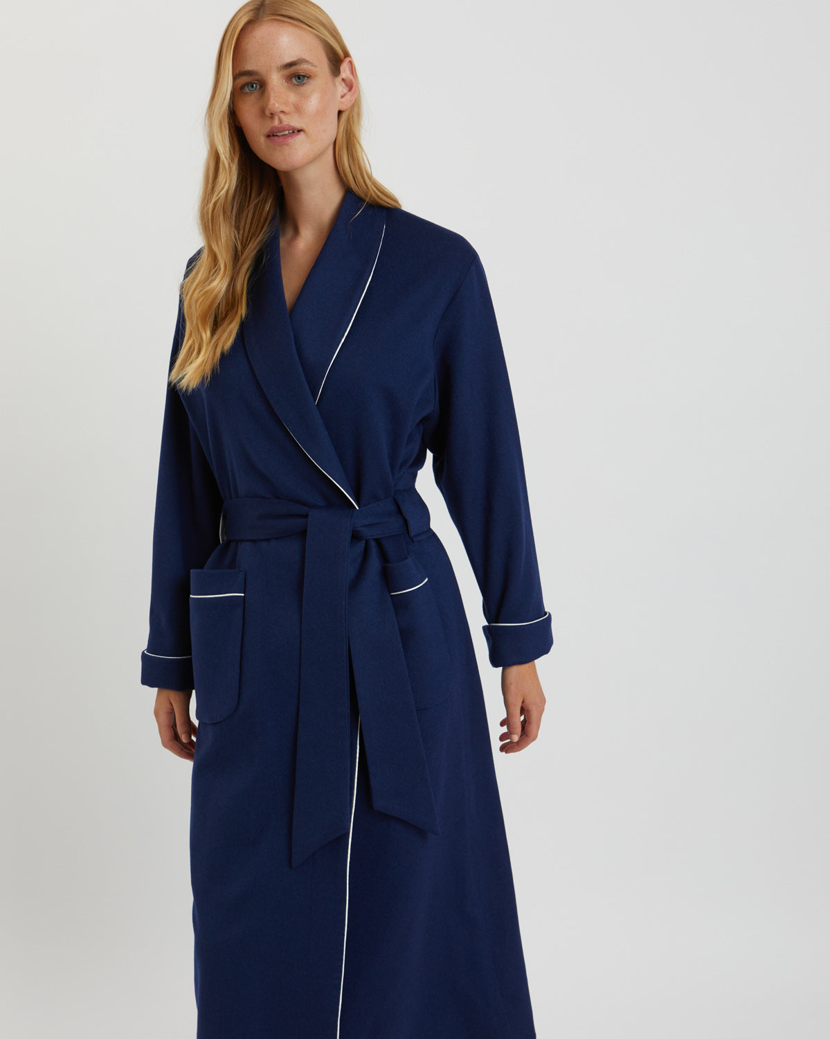 Women's Luxury Navy Silk-Lined Cashmere Robe | Bonsoir of London