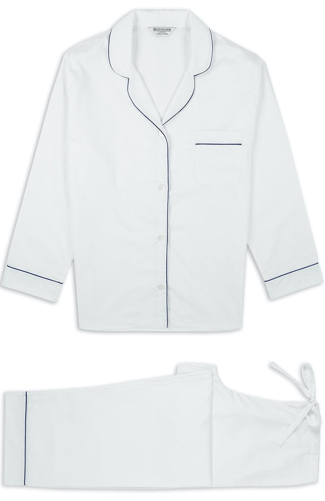 Women's Classic Cotton White Sateen Pyjamas | Bonsoir of London