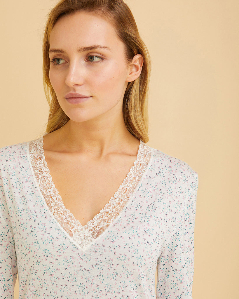 Women's Long Sleeve Jersey Nightdress With Lace Floral Print | Bonsoir of London