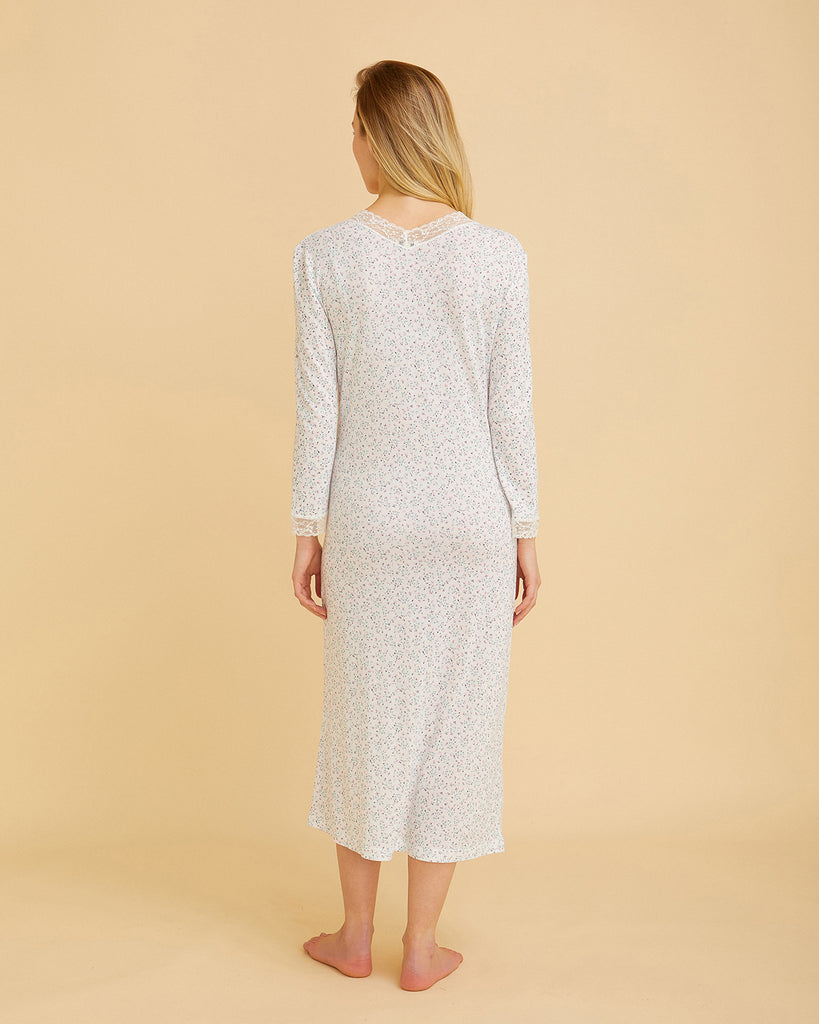 Women's Long Sleeve Jersey Nightdress With Lace Floral Print | Bonsoir of London