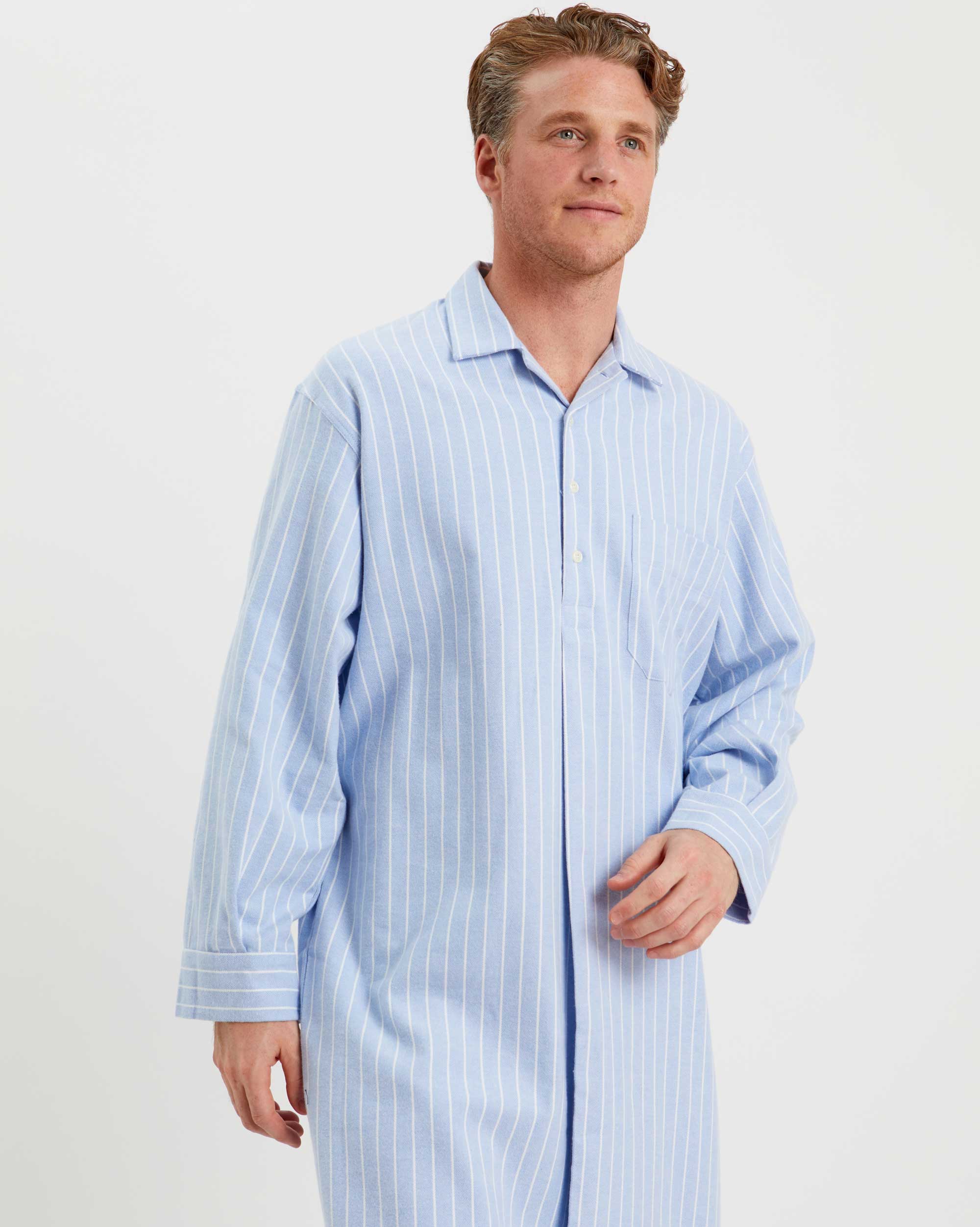 Men's Long Brushed Cotton Nightshirt - Classic Blue White Stripe | Bonsoir of London