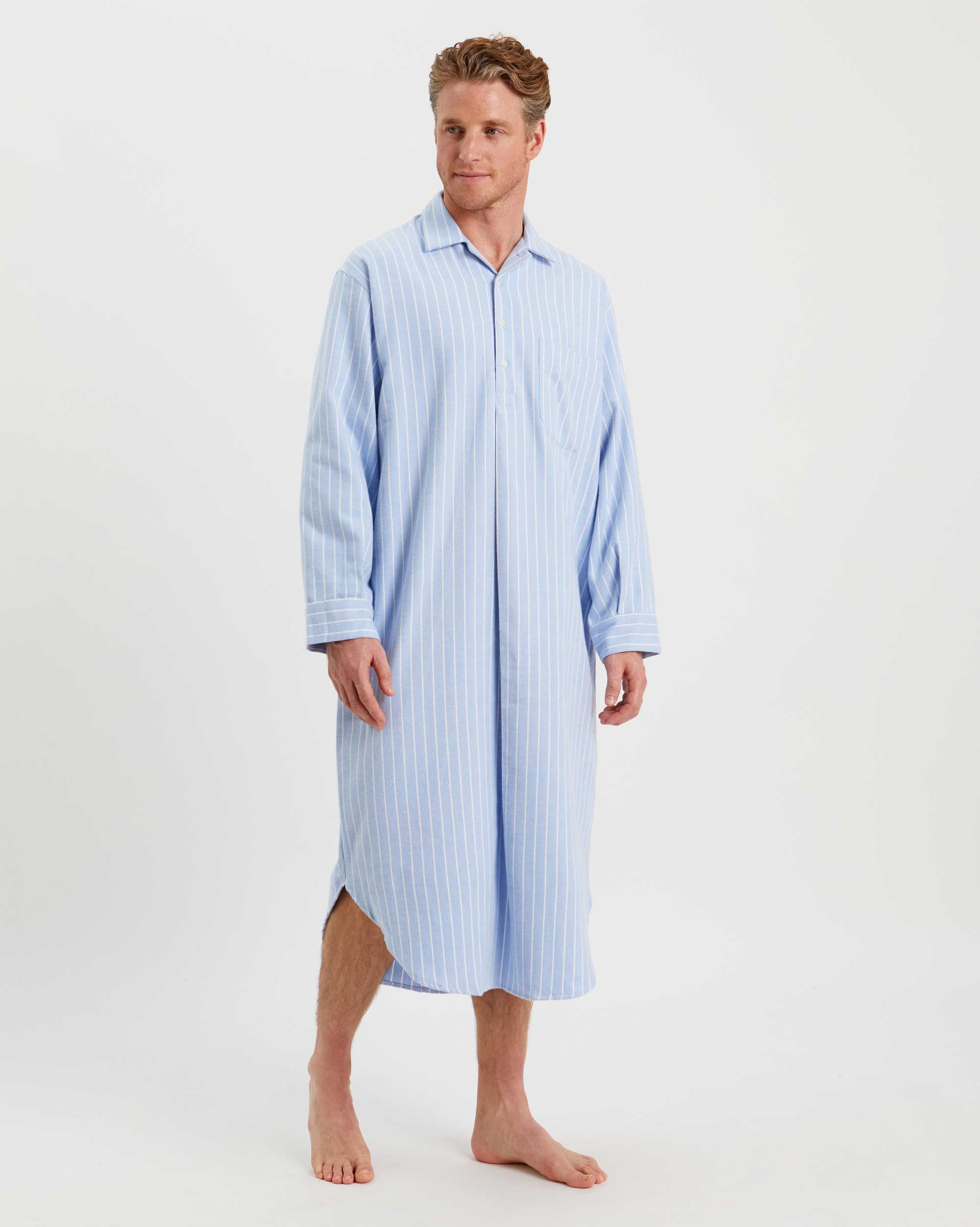 Men's Long Brushed Cotton Nightshirt - Classic Blue White Stripe | Bonsoir of London