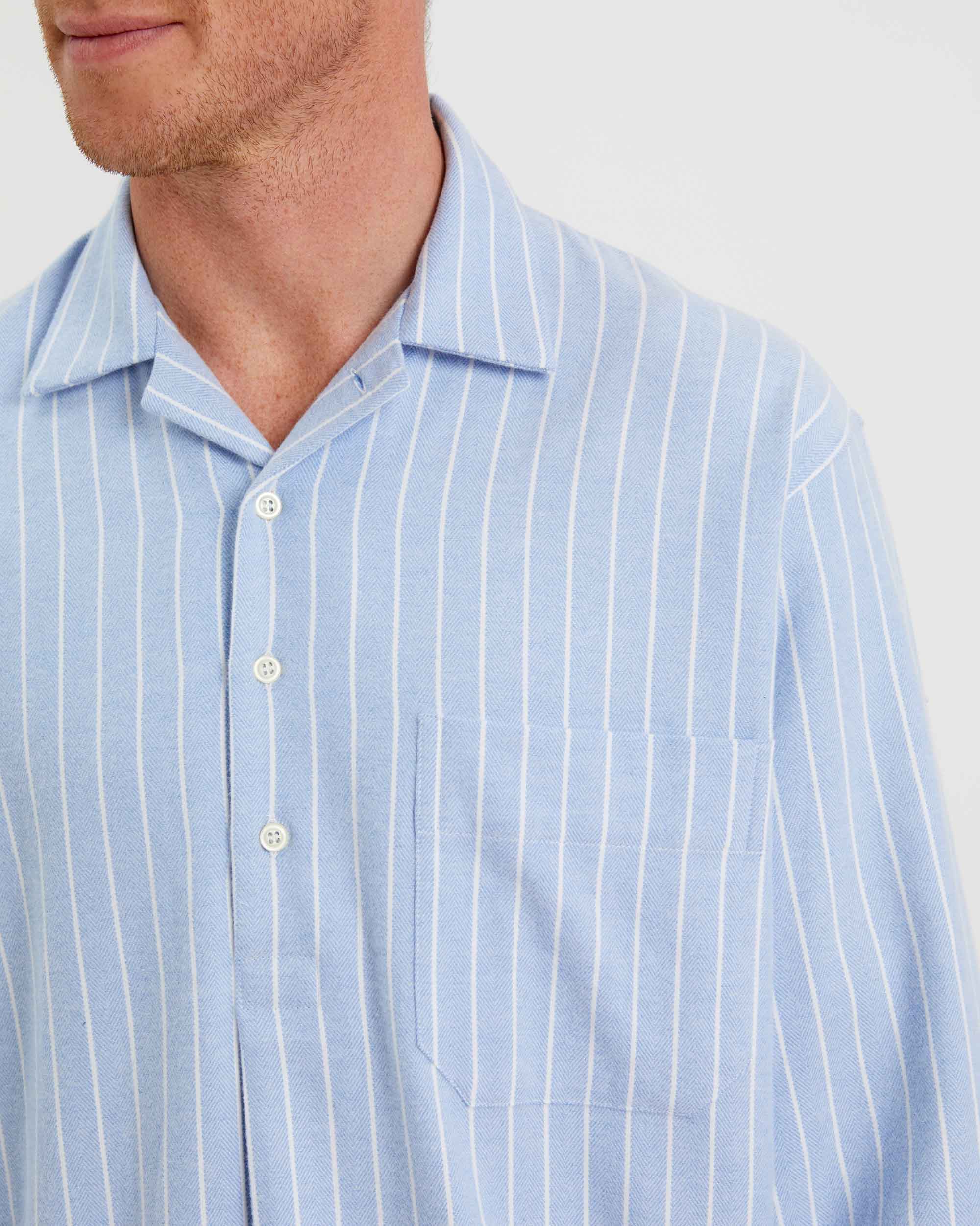 Men's Long Brushed Cotton Nightshirt - Classic Blue White Stripe | Bonsoir of London