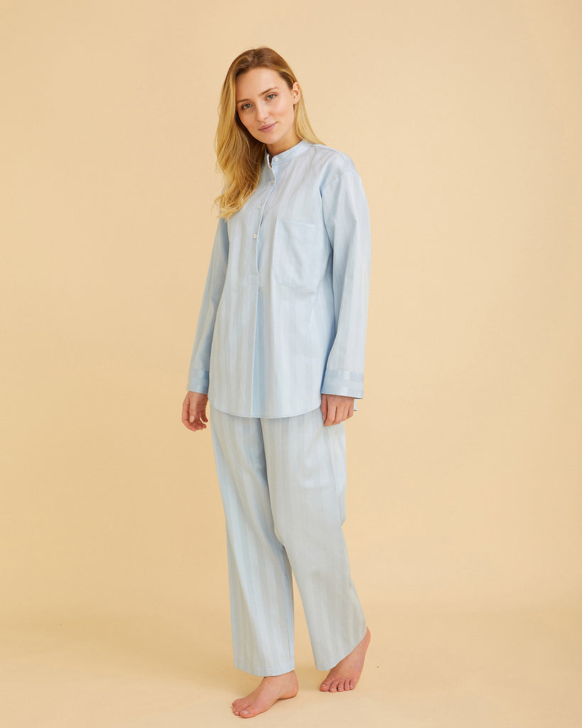 Women's Satin Stripe Pyjamas Sky Blue | Bonsoir of London
