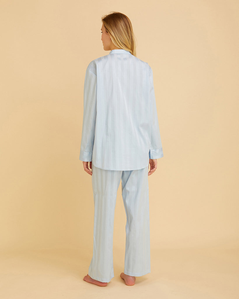 Women's Satin Stripe Pyjamas Sky Blue | Bonsoir of London