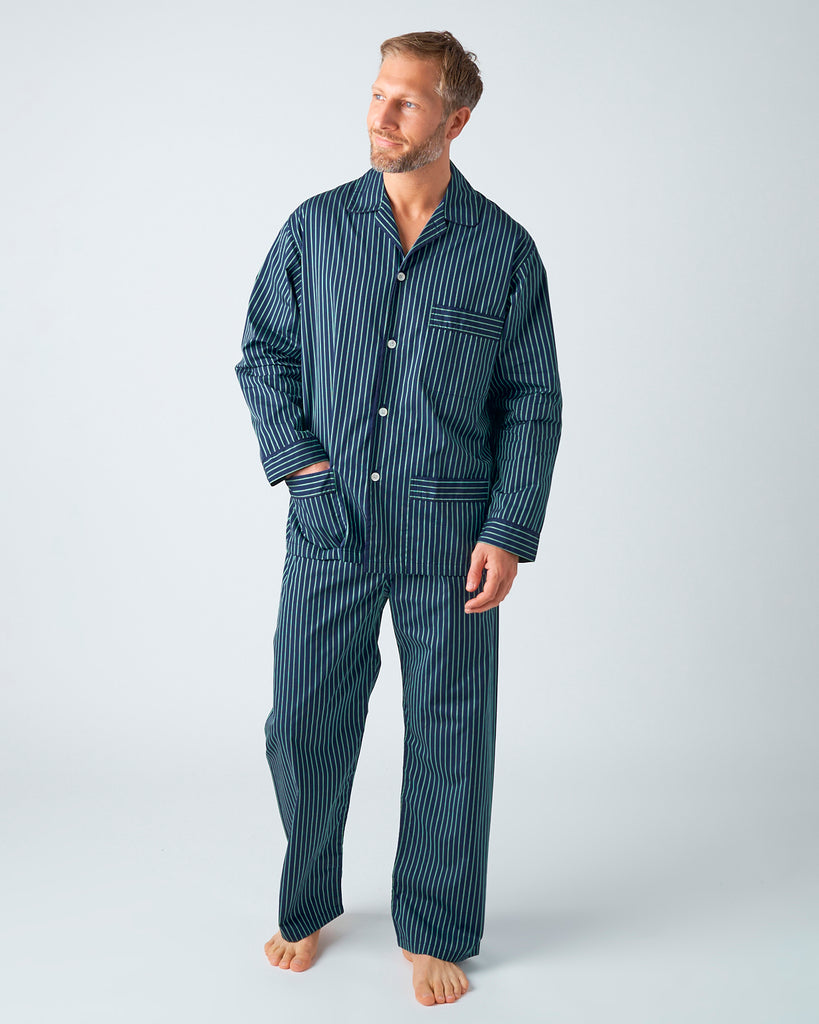 Men's Navy Green Stripe Two-Fold Cotton Pyjamas | Bonsoir of London
