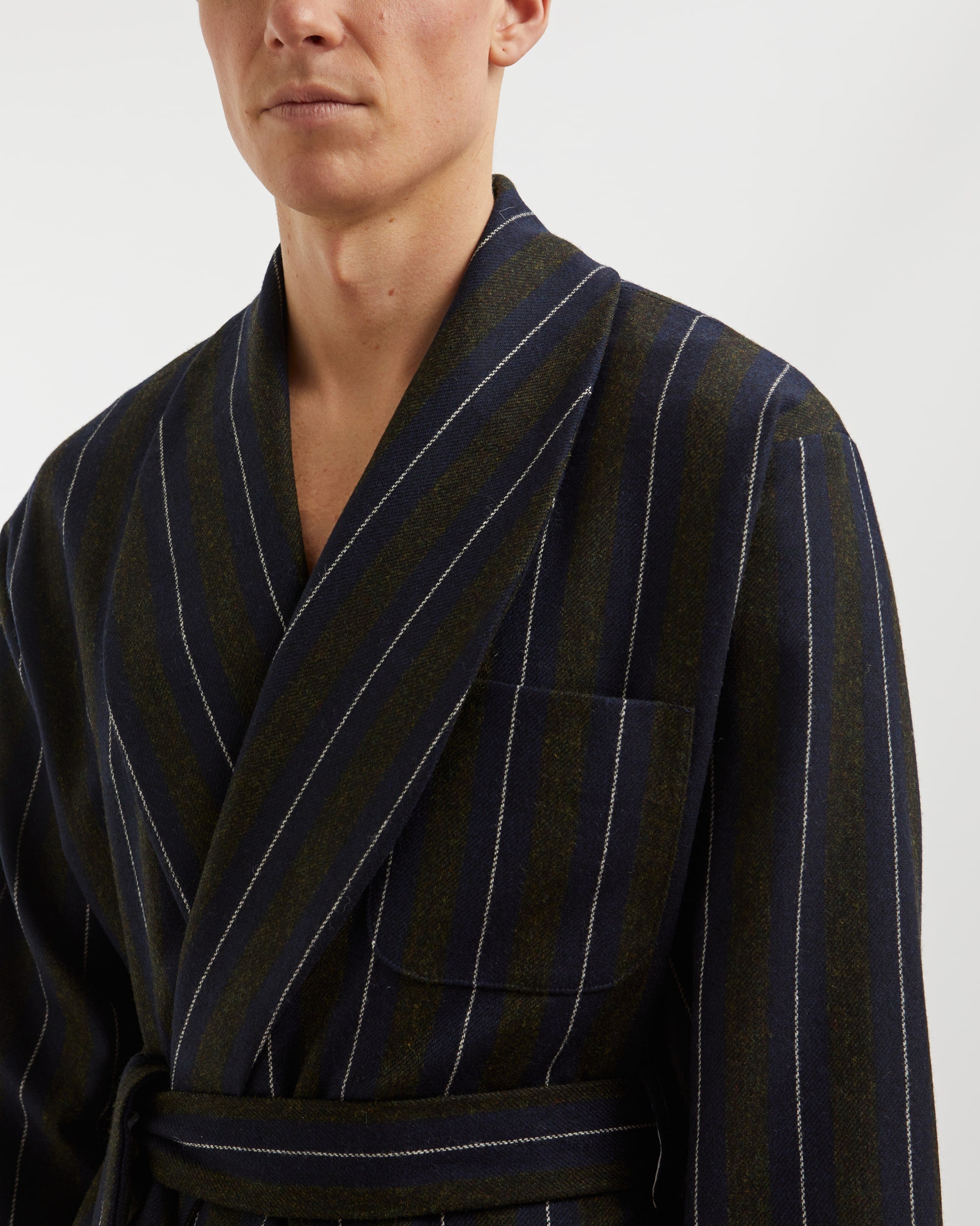 Men's Silk-Lined Wool Robe - Navy Green Stripe